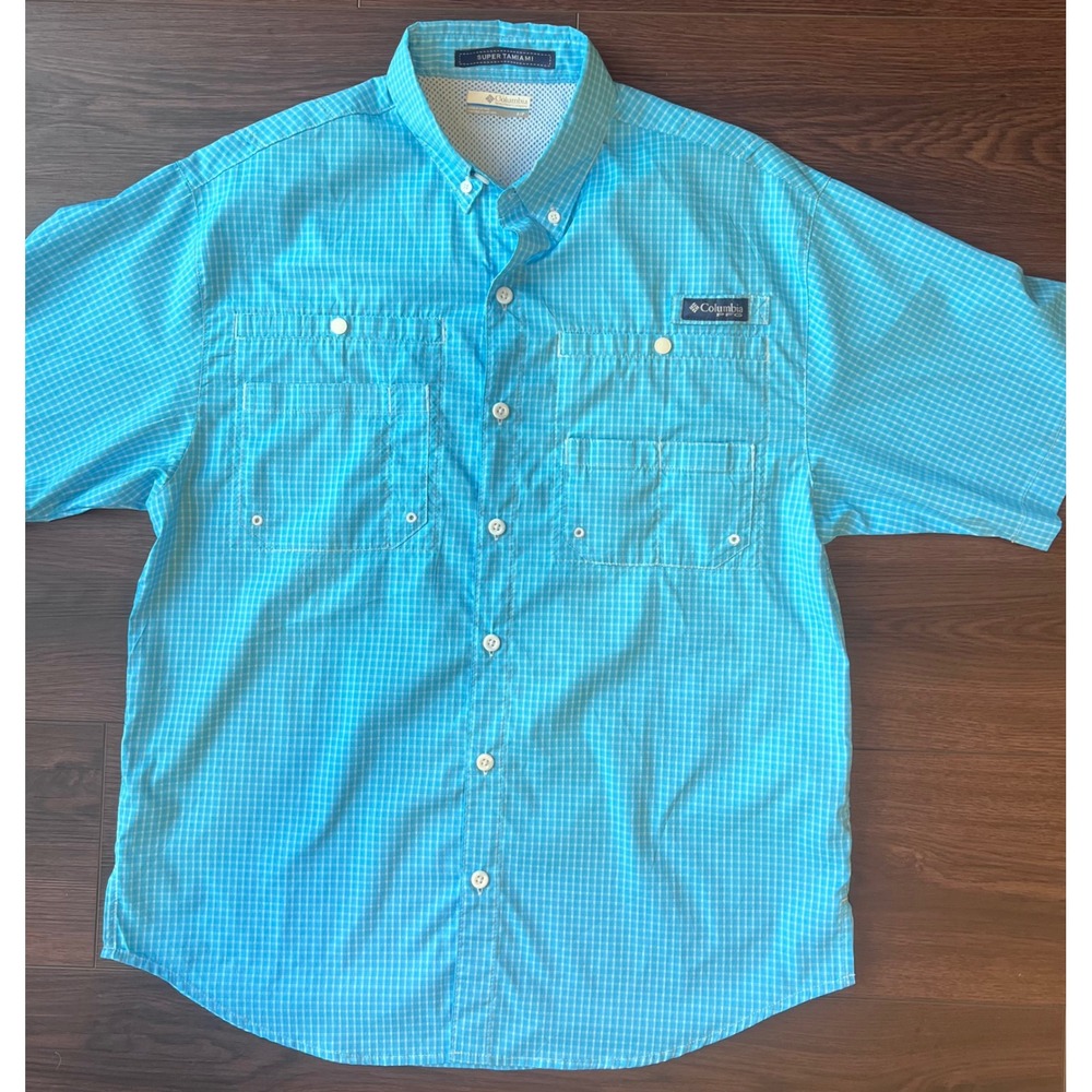 Columbia PFG Super Tamiami Mens Small Blue Plaid SS Fishing Shirt FM7189